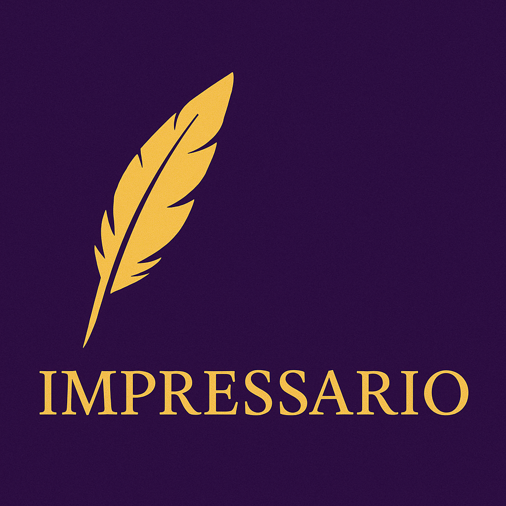 The image features a gold quill pen symbol above the word "IMPRESSARIO" written in an elegant serif font, all set against a deep purple background, conveying sophistication, creativity, and literary or artistic authority.