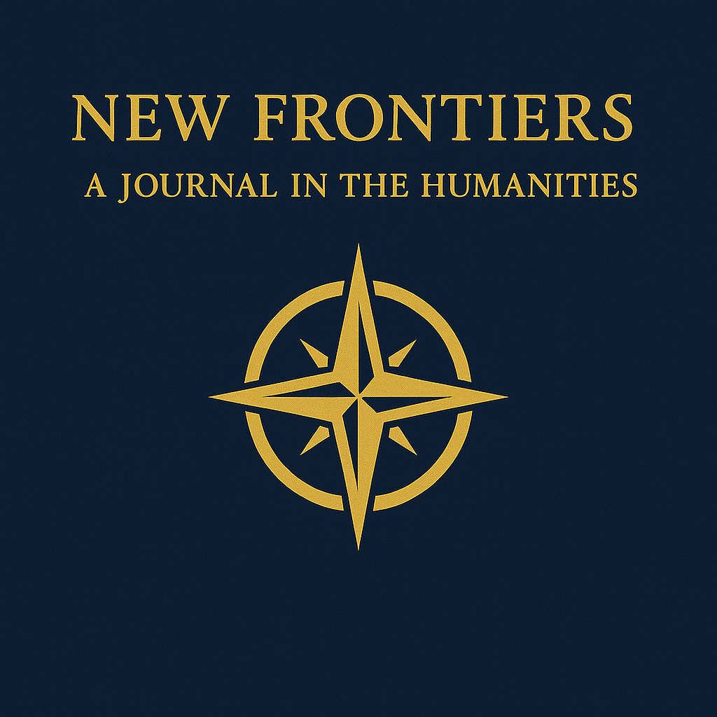 The image features a gold compass rose beneath the title "NEW FRONTIERS: A JOURNAL IN THE HUMANITIES" in an elegant serif font, set against a deep navy blue background, symbolising exploration, discovery, and scholarly advancement in the humanities.