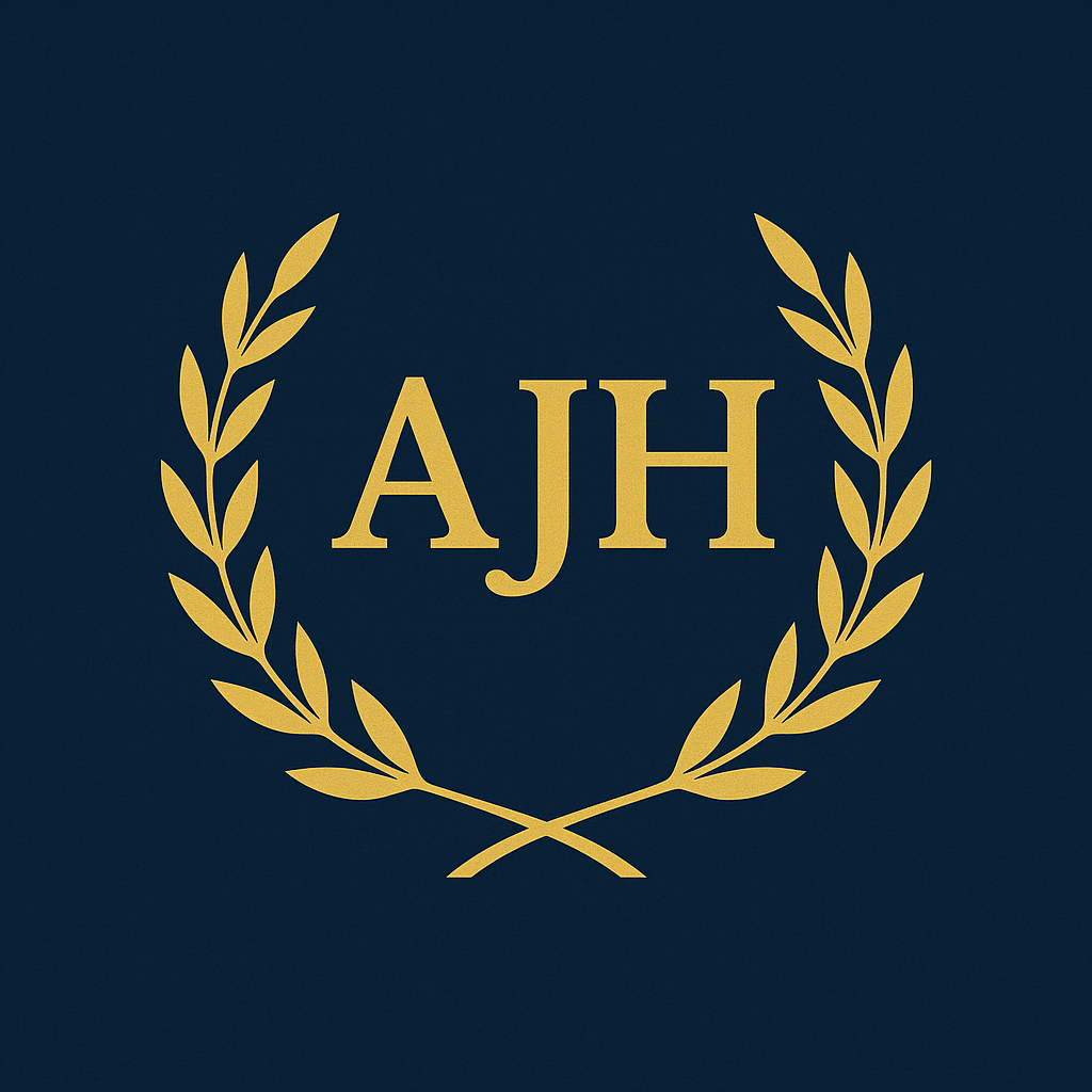 The image features a gold laurel wreath encircling the bold, serif initials "AJH" on a dark navy blue background, conveying a sense of prestige, honour, and academic or institutional authority.